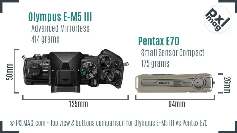 Olympus E-M5 III vs Pentax E70 top view buttons comparison