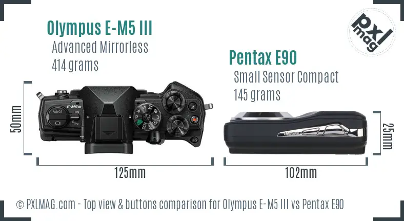 Olympus E-M5 III vs Pentax E90 top view buttons comparison