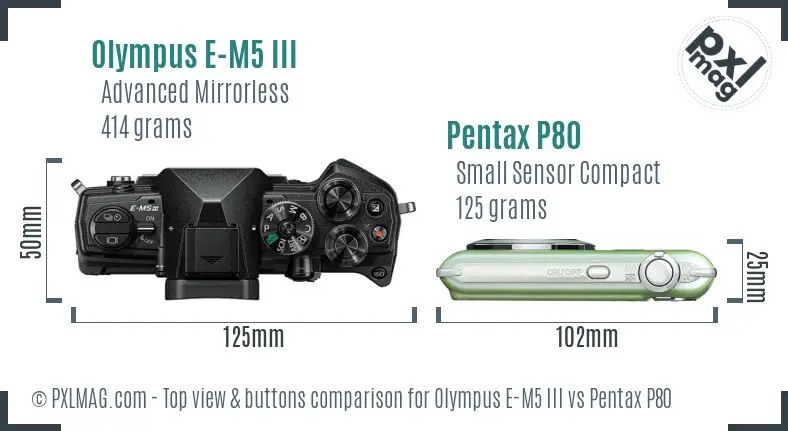 Olympus E-M5 III vs Pentax P80 top view buttons comparison