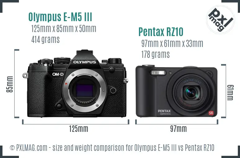 Olympus E-M5 III vs Pentax RZ10 size comparison