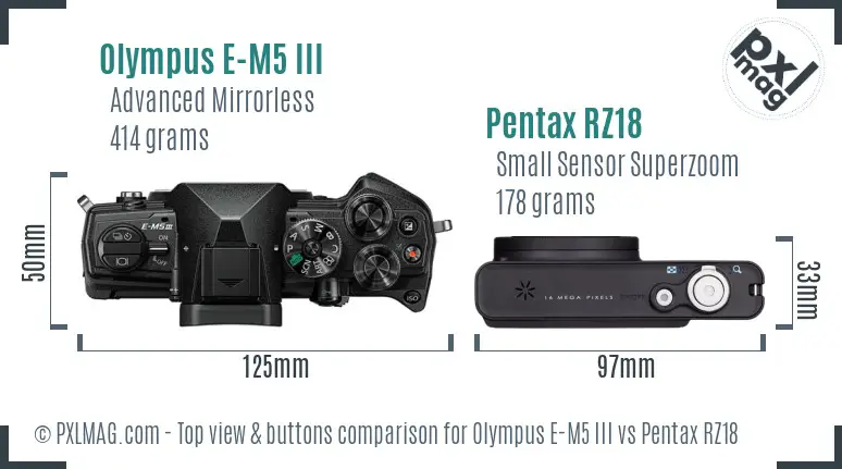 Olympus E-M5 III vs Pentax RZ18 top view buttons comparison
