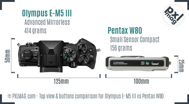 Olympus E-M5 III vs Pentax W80 top view buttons comparison