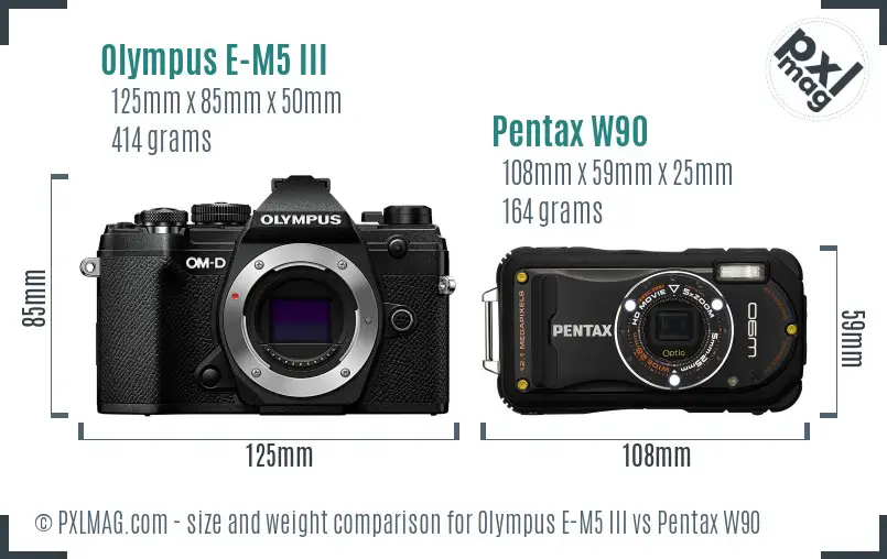 Olympus E-M5 III vs Pentax W90 size comparison