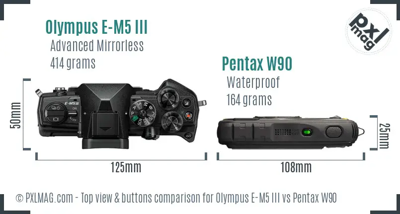 Olympus E-M5 III vs Pentax W90 top view buttons comparison