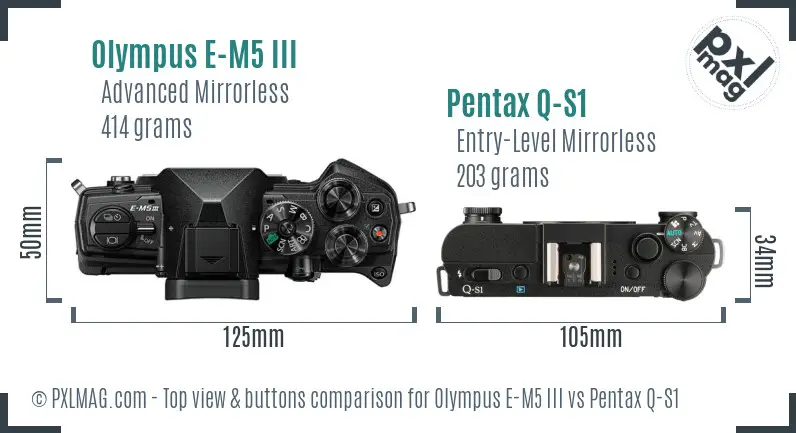 Olympus E-M5 III vs Pentax Q-S1 top view buttons comparison