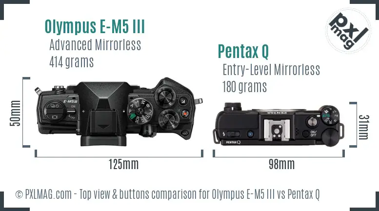 Olympus E-M5 III vs Pentax Q top view buttons comparison