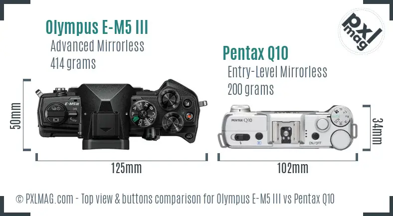 Olympus E-M5 III vs Pentax Q10 top view buttons comparison