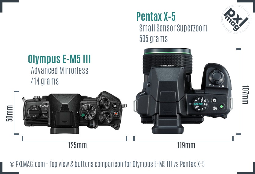 Olympus E-M5 III vs Pentax X-5 top view buttons comparison