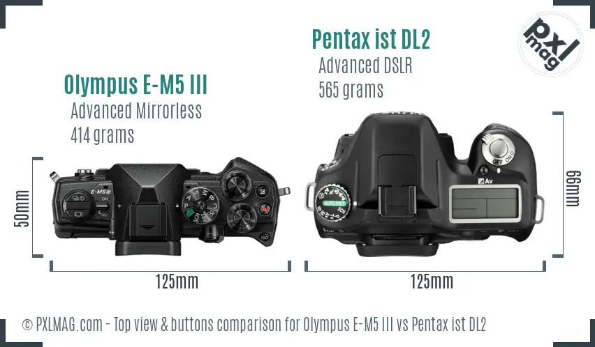 Olympus E-M5 III vs Pentax ist DL2 top view buttons comparison