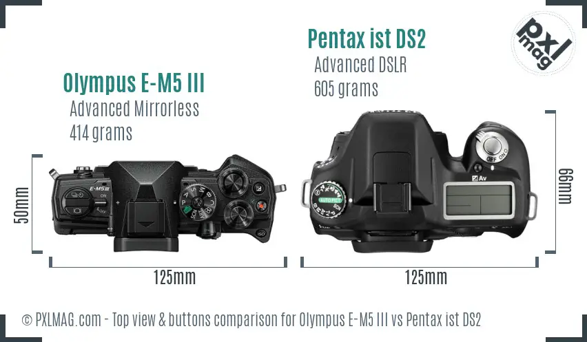 Olympus E-M5 III vs Pentax ist DS2 top view buttons comparison