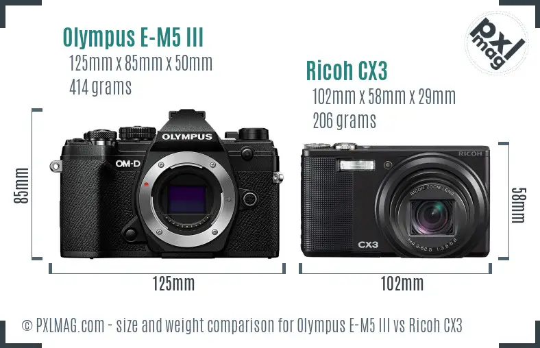 Olympus E-M5 III vs Ricoh CX3 size comparison