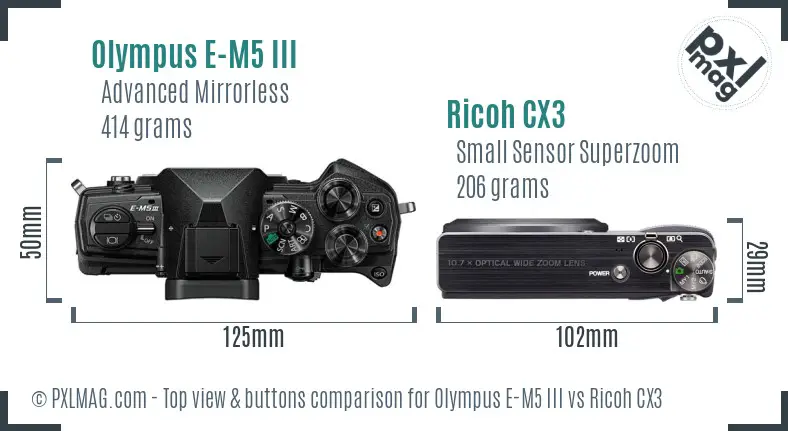 Olympus E-M5 III vs Ricoh CX3 top view buttons comparison