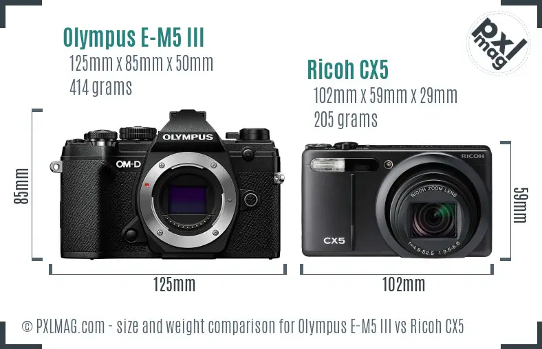 Olympus E-M5 III vs Ricoh CX5 size comparison