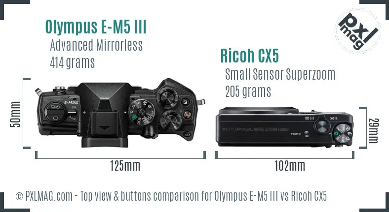 Olympus E-M5 III vs Ricoh CX5 top view buttons comparison