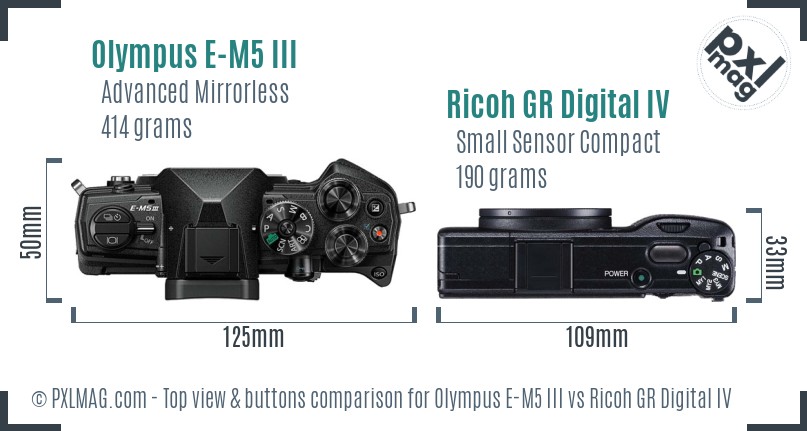 Olympus E-M5 III vs Ricoh GR Digital IV top view buttons comparison
