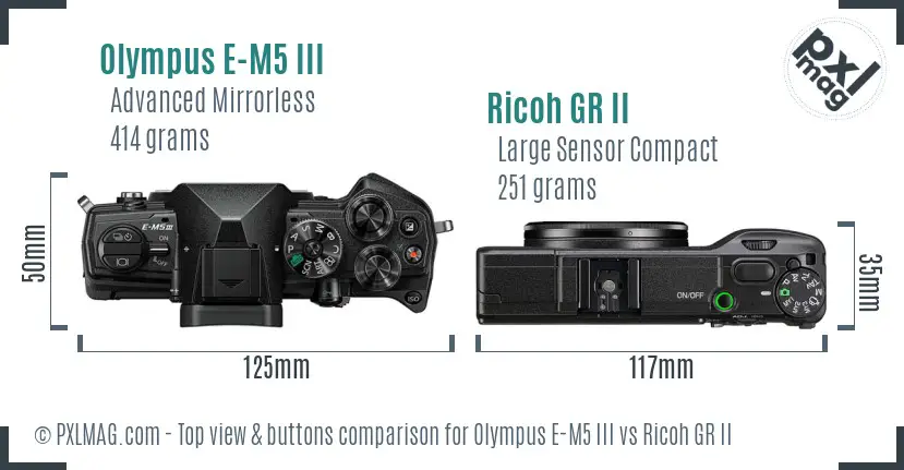 Olympus E-M5 III vs Ricoh GR II top view buttons comparison Olympus E-M5 III vs Ricoh GR II top view buttons comparison