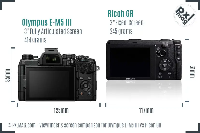 Olympus E-M5 III vs Ricoh GR Screen and Viewfinder comparison