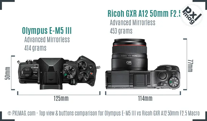 Olympus E-M5 III vs Ricoh GXR A12 50mm F2.5 Macro top view buttons comparison Olympus E-M5 III vs Ricoh GXR A12 50mm F2.5 Macro top view buttons comparison