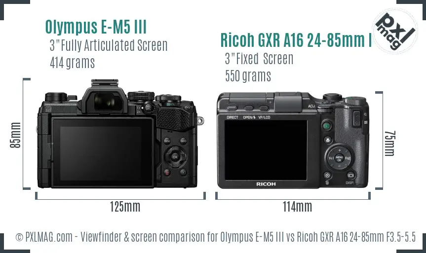Olympus E-M5 III vs Ricoh GXR A16 24-85mm F3.5-5.5 Screen and Viewfinder comparison