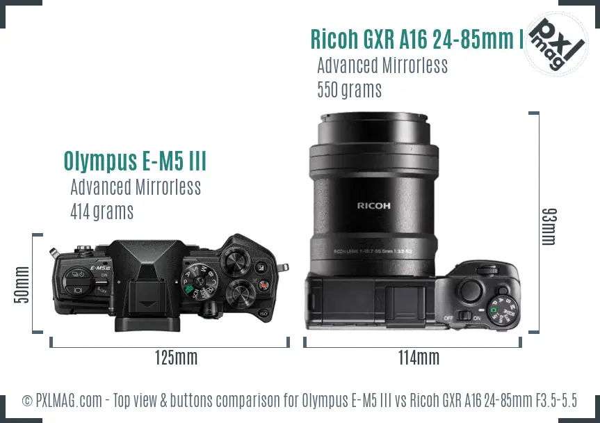 Olympus E-M5 III vs Ricoh GXR A16 24-85mm F3.5-5.5 top view buttons comparison