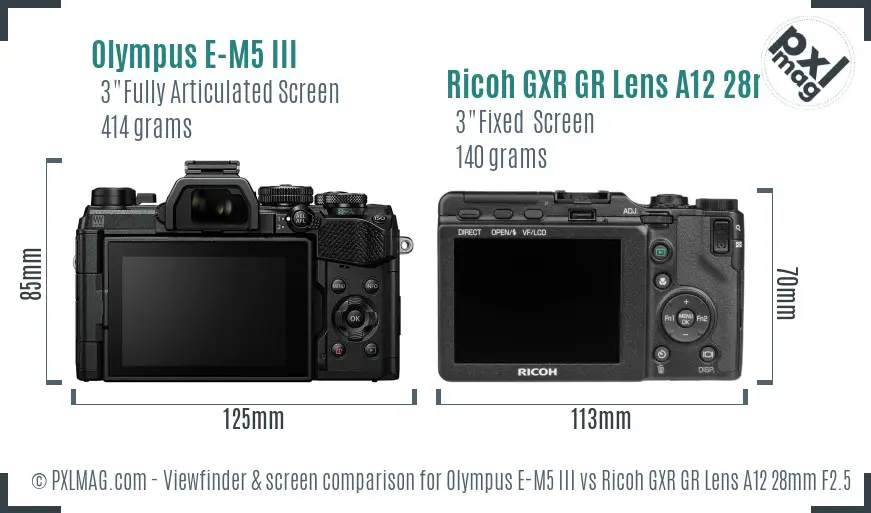 Olympus E-M5 III vs Ricoh GXR GR Lens A12 28mm F2.5 Screen and Viewfinder comparison