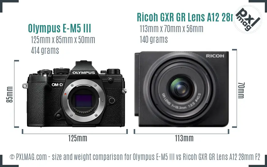 Olympus E-M5 III vs Ricoh GXR GR Lens A12 28mm F2.5 size comparison