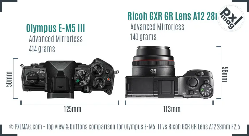 Olympus E-M5 III vs Ricoh GXR GR Lens A12 28mm F2.5 top view buttons comparison
