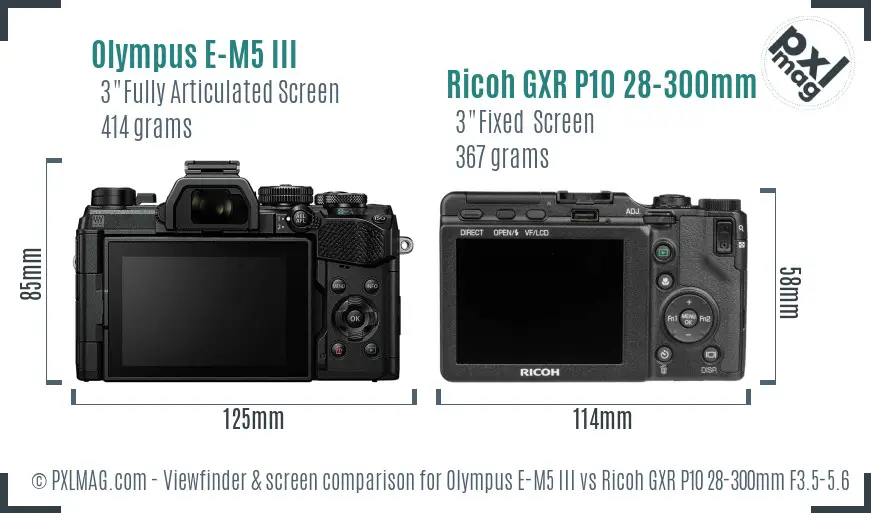 Olympus E-M5 III vs Ricoh GXR P10 28-300mm F3.5-5.6 VC Screen and Viewfinder comparison