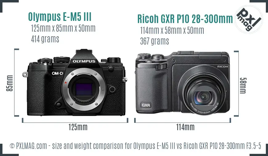 Olympus E-M5 III vs Ricoh GXR P10 28-300mm F3.5-5.6 VC size comparison