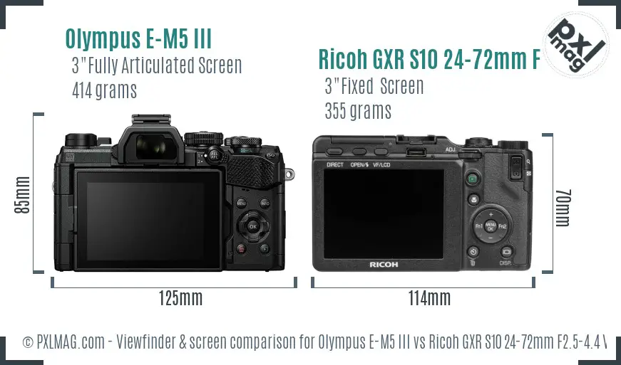 Olympus E-M5 III vs Ricoh GXR S10 24-72mm F2.5-4.4 VC Screen and Viewfinder comparison