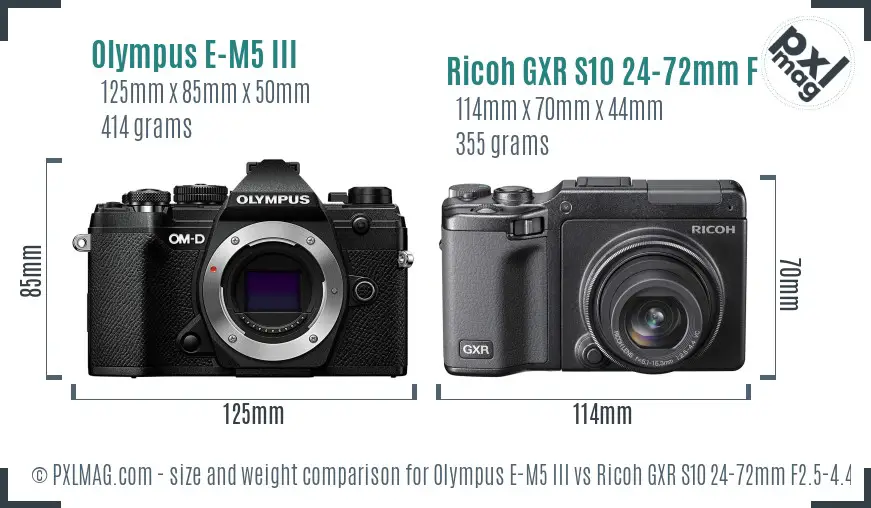 Olympus E-M5 III vs Ricoh GXR S10 24-72mm F2.5-4.4 VC size comparison