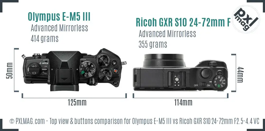 Olympus E-M5 III vs Ricoh GXR S10 24-72mm F2.5-4.4 VC top view buttons comparison