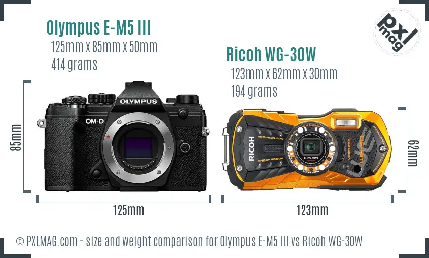 Olympus E-M5 III vs Ricoh WG-30W size comparison Olympus E-M5 III vs Ricoh WG-30W size comparison