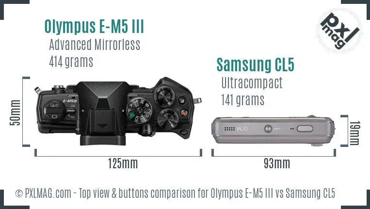 Olympus E-M5 III vs Samsung CL5 top view buttons comparison