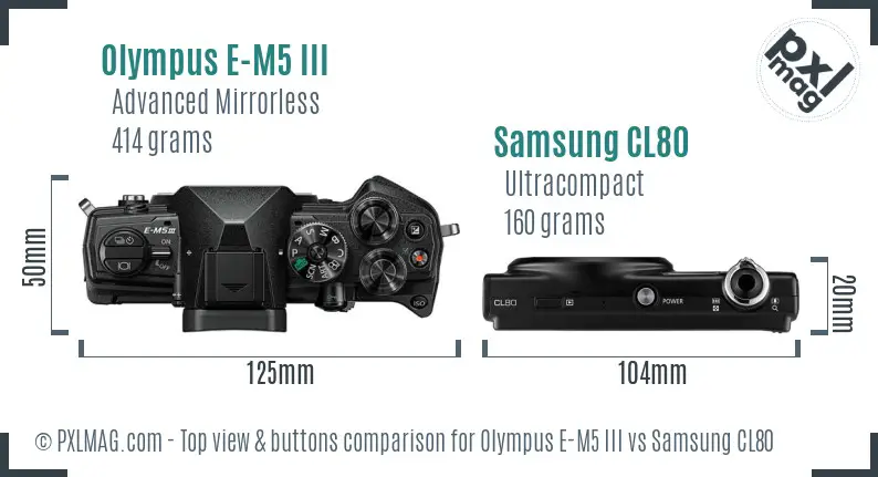 Olympus E-M5 III vs Samsung CL80 top view buttons comparison Olympus E-M5 III vs Samsung CL80 top view buttons comparison
