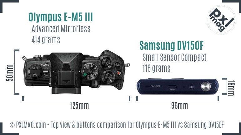 Olympus E-M5 III vs Samsung DV150F top view buttons comparison