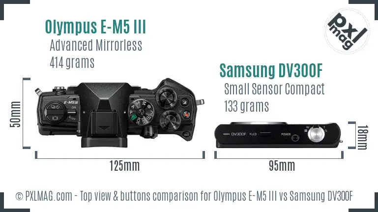 Olympus E-M5 III vs Samsung DV300F top view buttons comparison Olympus E-M5 III vs Samsung DV300F top view buttons comparison
