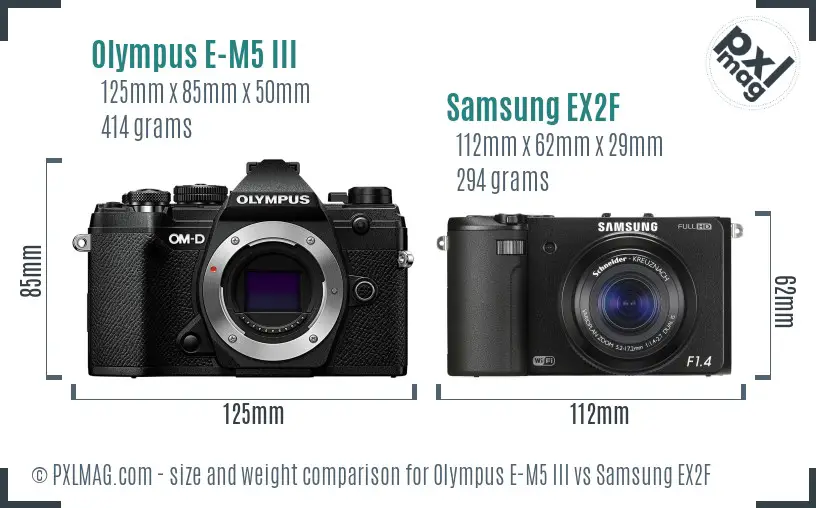 Olympus E-M5 III vs Samsung EX2F size comparison Olympus E-M5 III vs Samsung EX2F size comparison