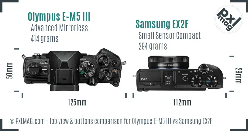 Olympus E-M5 III vs Samsung EX2F top view buttons comparison Olympus E-M5 III vs Samsung EX2F top view buttons comparison