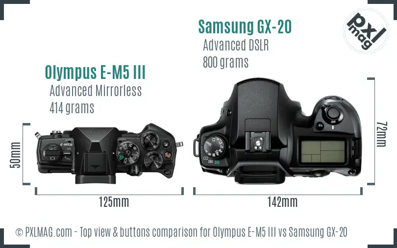 Olympus E-M5 III vs Samsung GX-20 top view buttons comparison