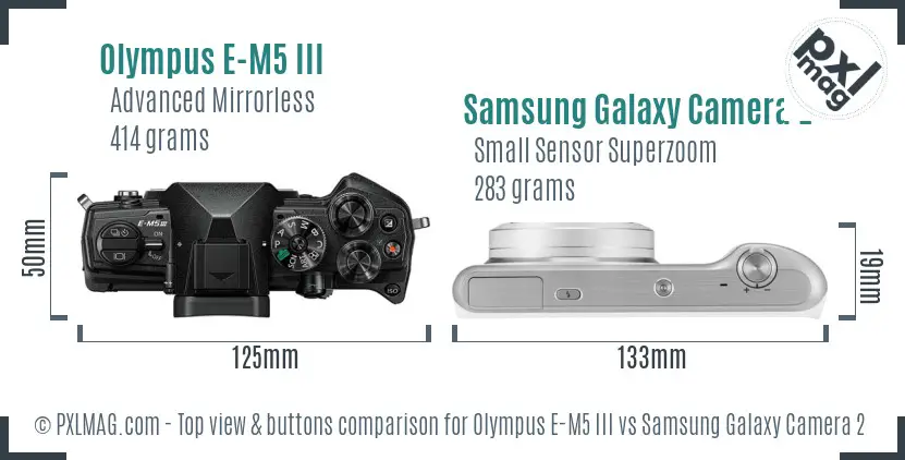 Olympus E-M5 III vs Samsung Galaxy Camera 2 top view buttons comparison Olympus E-M5 III vs Samsung Galaxy Camera 2 top view buttons comparison