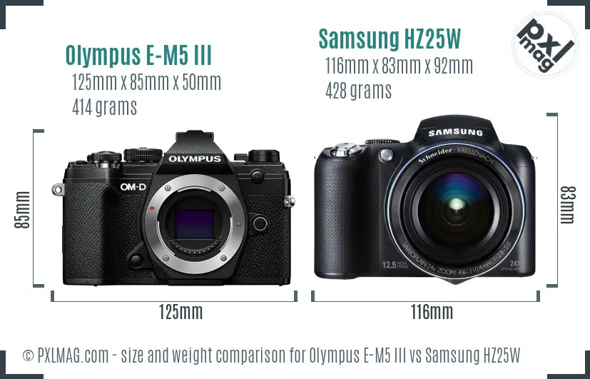 Olympus E-M5 III vs Samsung HZ25W size comparison
