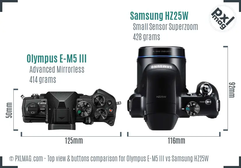 Olympus E-M5 III vs Samsung HZ25W top view buttons comparison