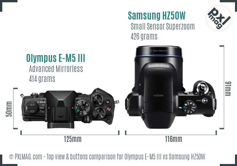 Olympus E-M5 III vs Samsung HZ50W top view buttons comparison