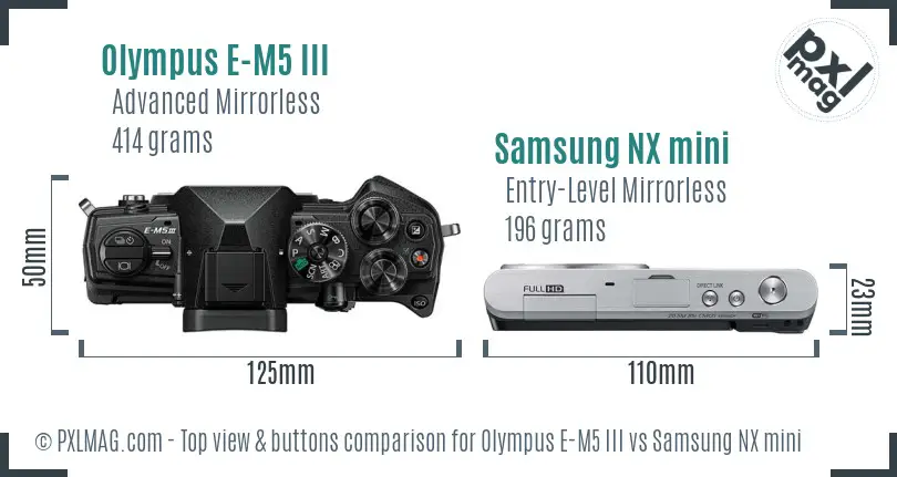 Olympus E-M5 III vs Samsung NX mini top view buttons comparison
