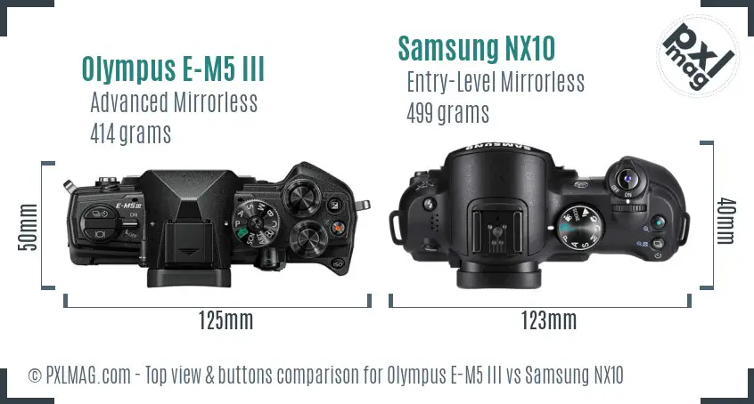 Olympus E-M5 III vs Samsung NX10 top view buttons comparison Olympus E-M5 III vs Samsung NX10 top view buttons comparison