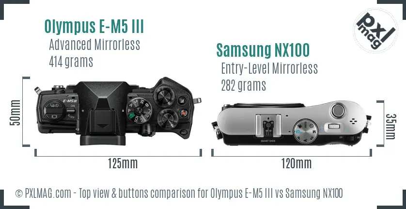 Olympus E-M5 III vs Samsung NX100 top view buttons comparison