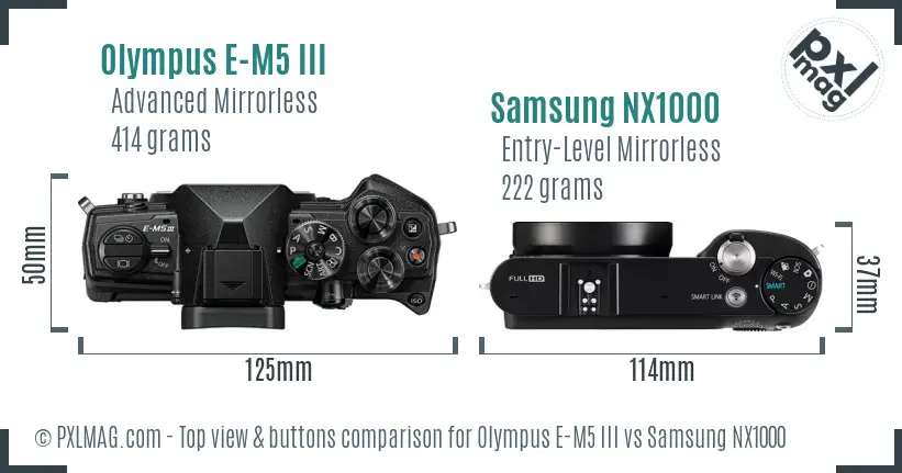 Olympus E-M5 III vs Samsung NX1000 top view buttons comparison Olympus E-M5 III vs Samsung NX1000 top view buttons comparison