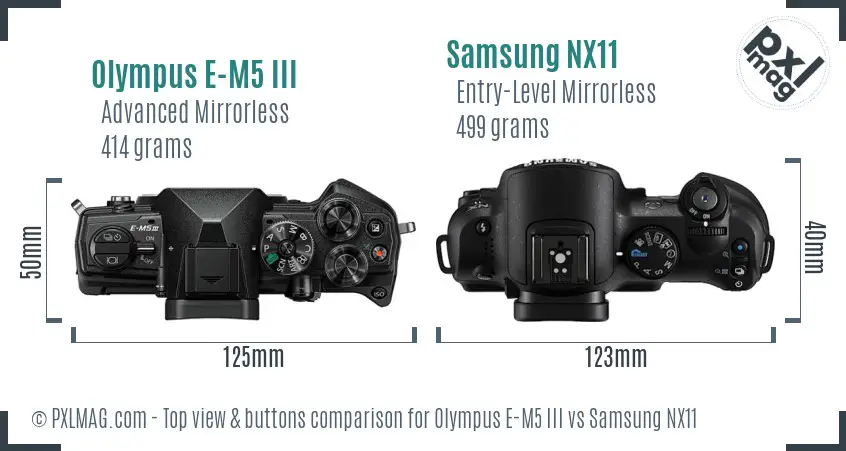 Olympus E-M5 III vs Samsung NX11 top view buttons comparison