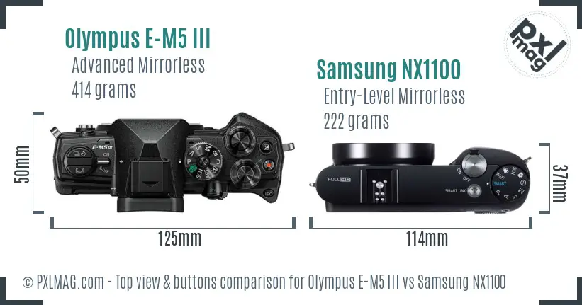 Olympus E-M5 III vs Samsung NX1100 top view buttons comparison